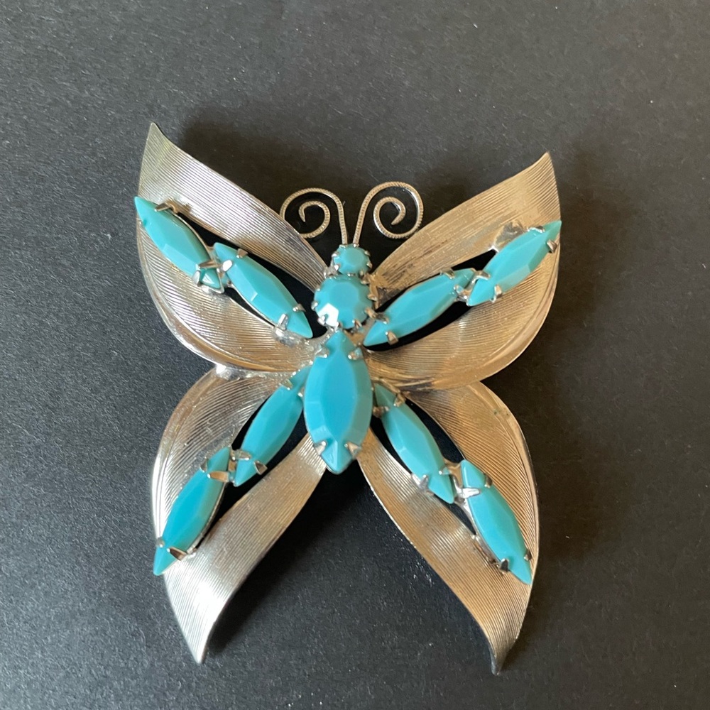 Vintage Faux Turquoise & Silver Metal Butterfly Pendant
